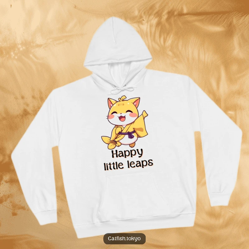 Funny Yellow Kimono Catfish Hoodie, joyfully hopping with a bright expression, perfect for cozy, fun vibes.