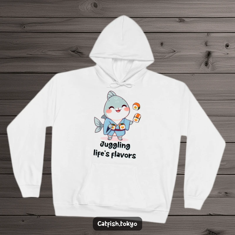 Funny Blue Kimono Catfish Hoodie, smiling and juggling sushi rolls, offering warmth and humor.