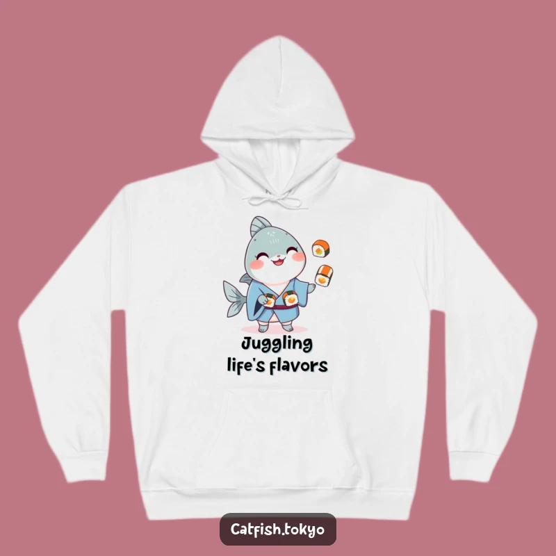 Funny Blue Kimono Catfish Sushi Juggling Hoodie - Cozy & Hilarious Apparel Gift