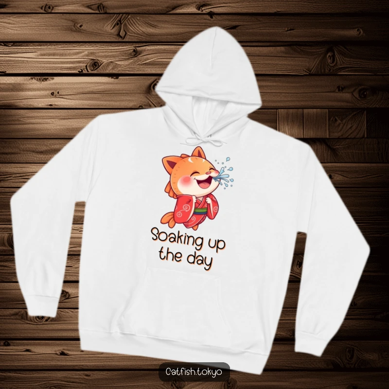 Funny Catfish Hoodie: A cheerful catfish in a red kimono playfully splashes water, offering cozy warmth and aquatic humor.
