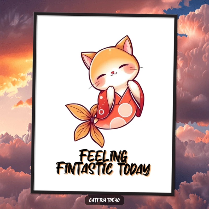 Funny Free Printable Wall Art: Charming catfish in red kimono bowing mid-air, a humorous and elegant piece of downloadable decor.