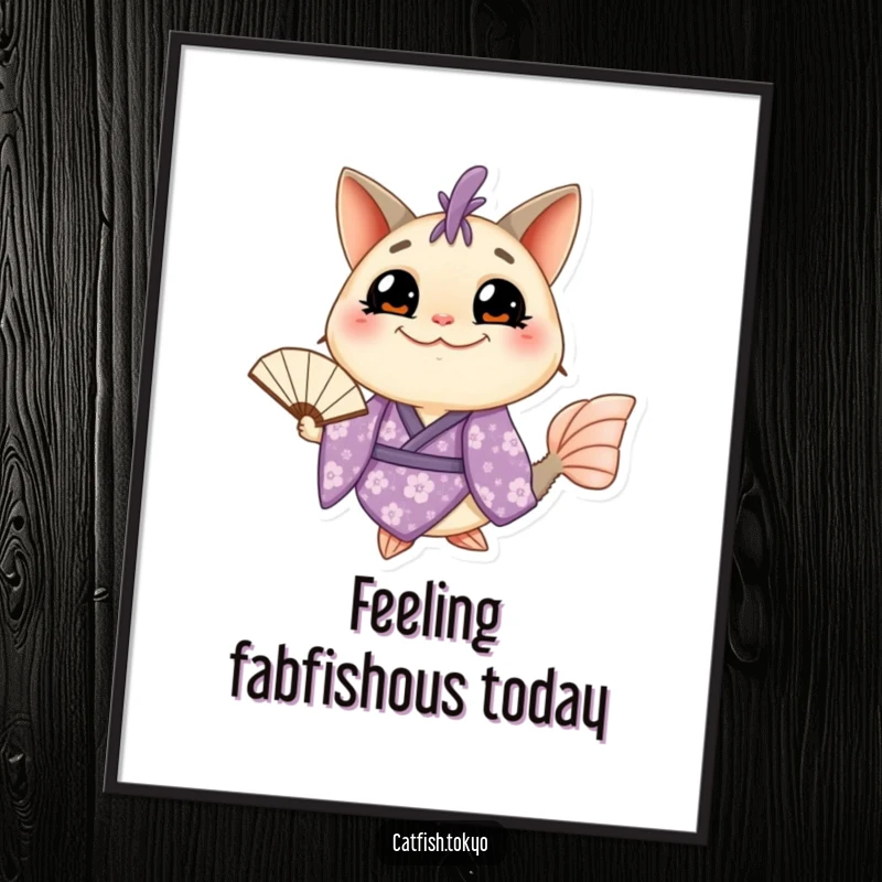 Funny Free Printable Wall Art: Grinning Catfish in floral kimono holding a fan, exuding quirky charm and style.