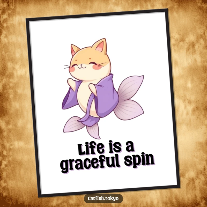Funny Free Printable Wall Art: Graceful catfish in purple kimono doing a flowing spin, adding humorous elegance to any room.
