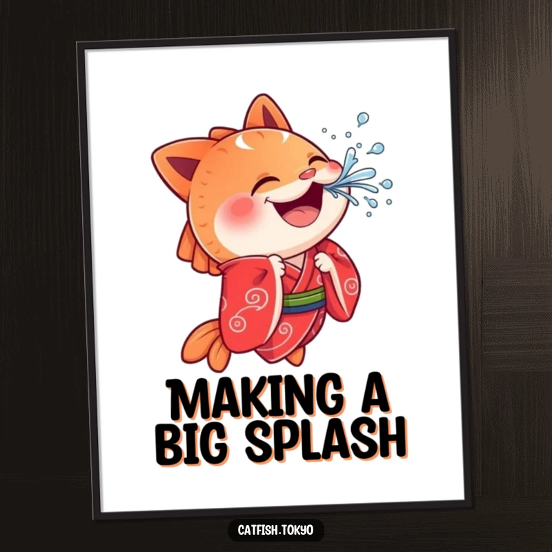 Funny Free Printable Wall Art: Cheerful Catfish in red kimono playfully splashing water, bringing vibrant energy.