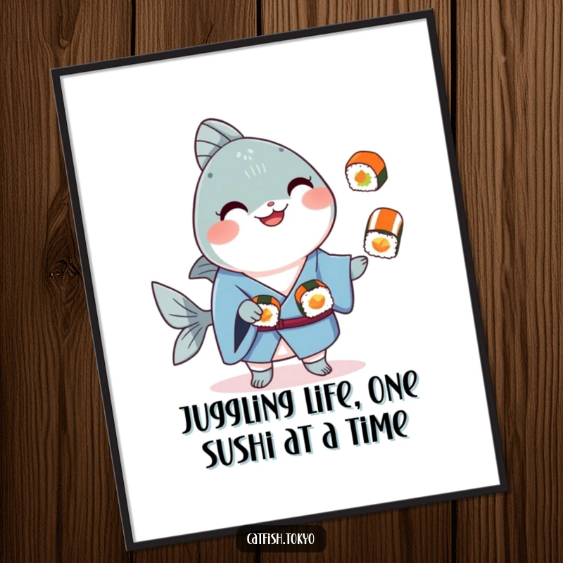 Funny Free Printable Wall Art: Smiling catfish in blue kimono expertly juggling sushi rolls, a humorous and eye-catching decor piece.