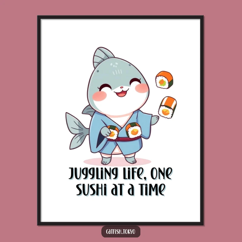 Funny Free Printable Wall Art: Sushi Juggling Catfish - Quirky Downloadable Decor