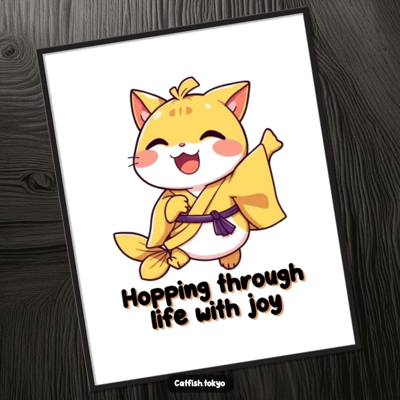 Funny Free Printable Wall Art: Joyful catfish in yellow kimono doing a playful hop, adding humorous energy to any space.