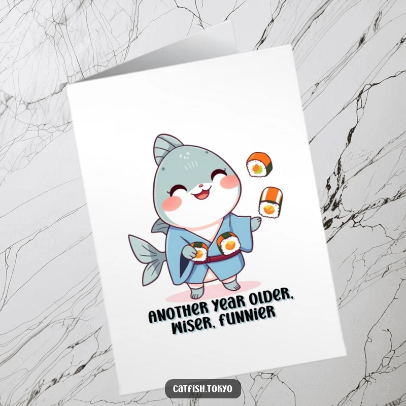 Funny Free Printable Birthday Card: Smiling catfish in blue kimono juggling sushi, a hilarious and festive birthday greeting.