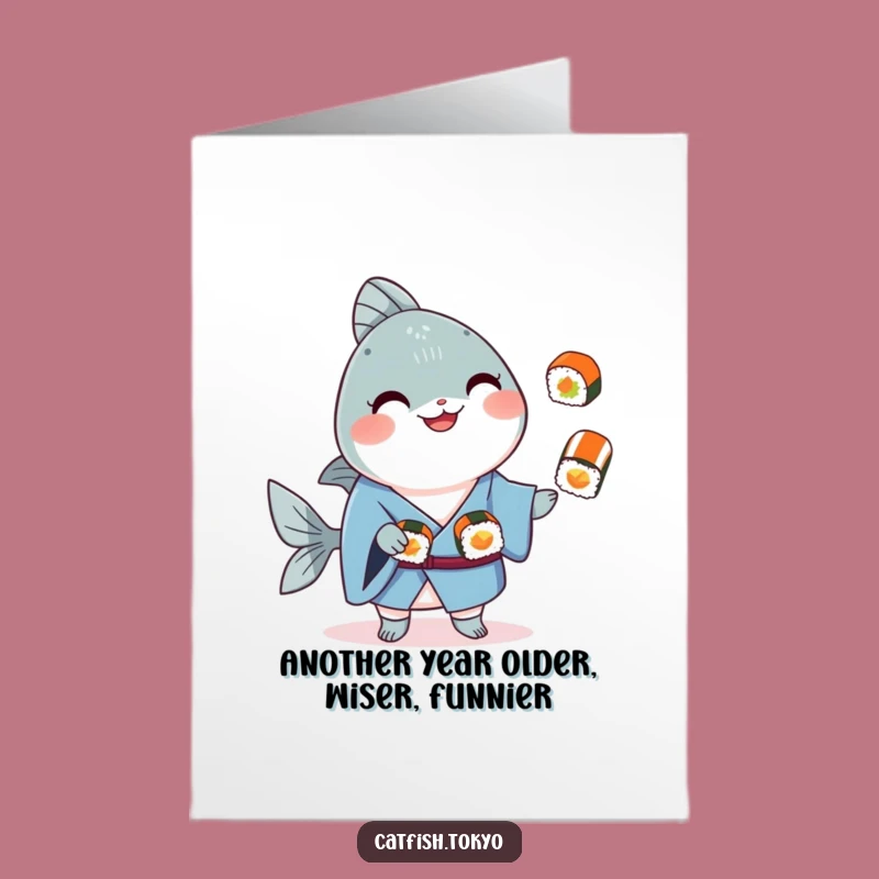 Free Printable Birthday Card: Juggling Sushi Catfish - Funny Downloadable Gift Idea