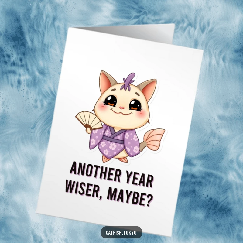 Funny Free Printable Birthday Card: Grinning Catfish in purple kimono holding fan, ready to celebrate with a laugh.