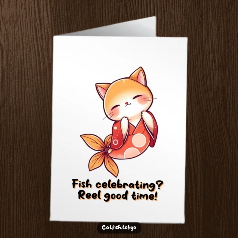 Funny Free Printable Birthday Card: Catfish in red kimono bowing gracefully, conveying humorous respect for their special day.
