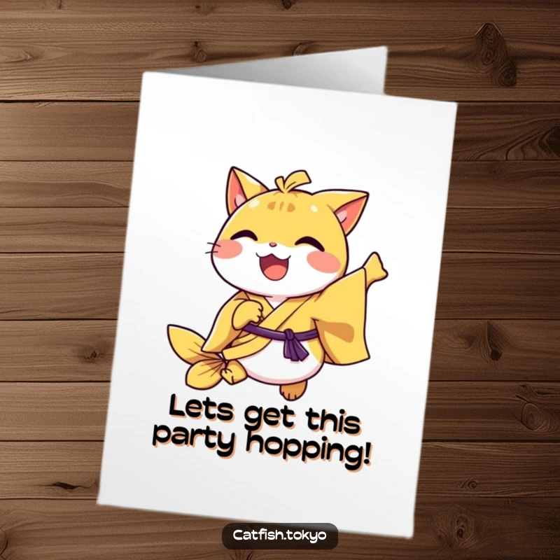 Funny Free Printable Birthday Card: Joyful catfish in yellow kimono performing a playful hop, perfect for cheerful birthday wishes.
