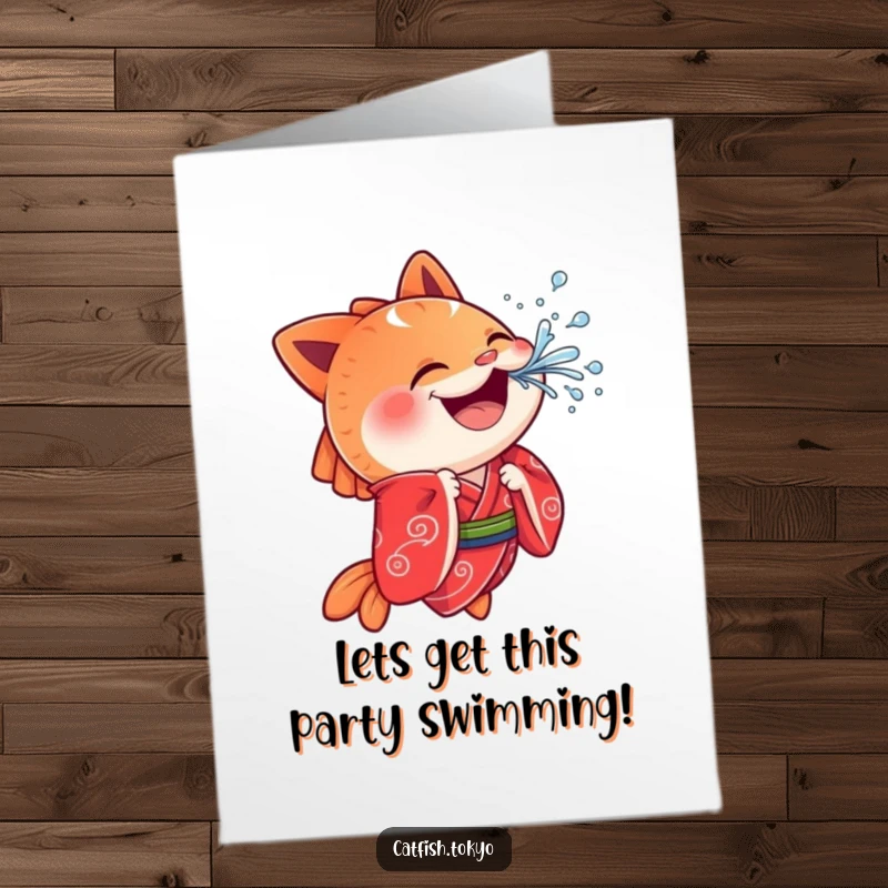 Funny Free Printable Birthday Card: Cheerful Catfish in red kimono splashing water, celebrating with a playful spray.