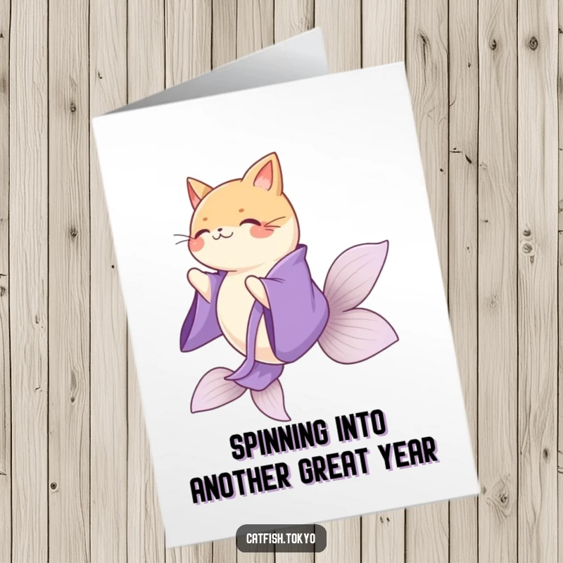 Funny Free Printable Birthday Card: Graceful catfish in purple kimono doing a flowing spin, perfect for elegant birthday wishes.