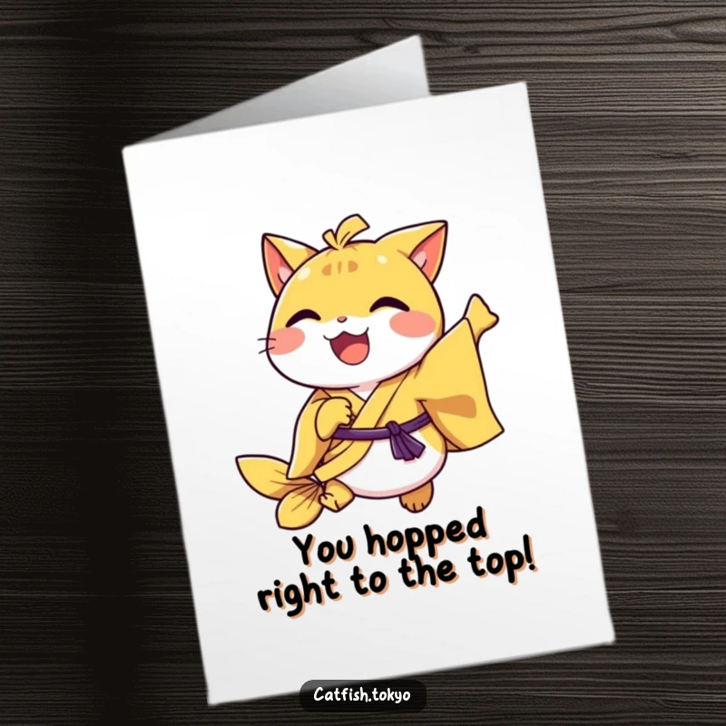 Funny Free Printable Congrats Card: Catfish in yellow kimono joyfully hopping, a fun and printable way to say you did it!