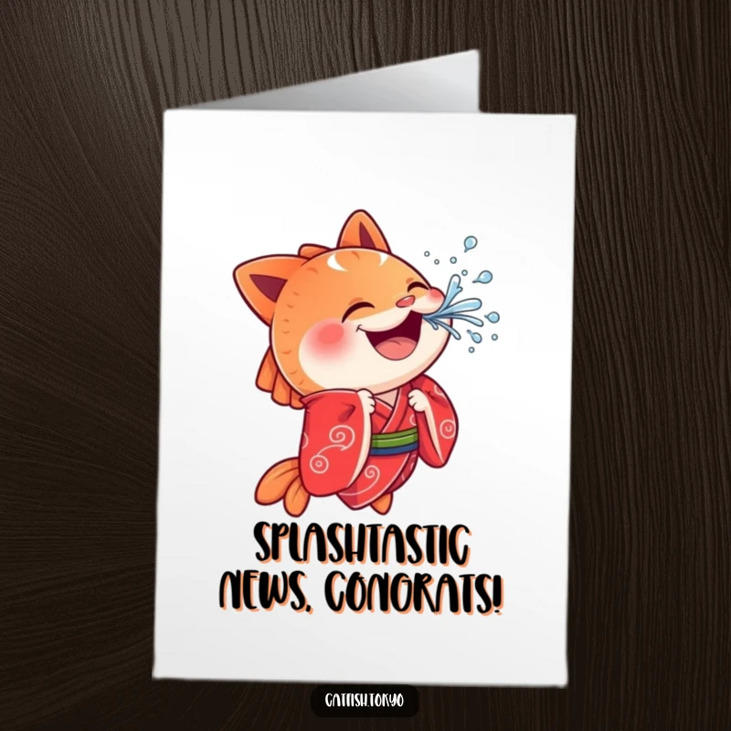 Funny Free Printable Congratulations Card: Cheerful Catfish in vibrant red kimono, playfully splashing water with joy.