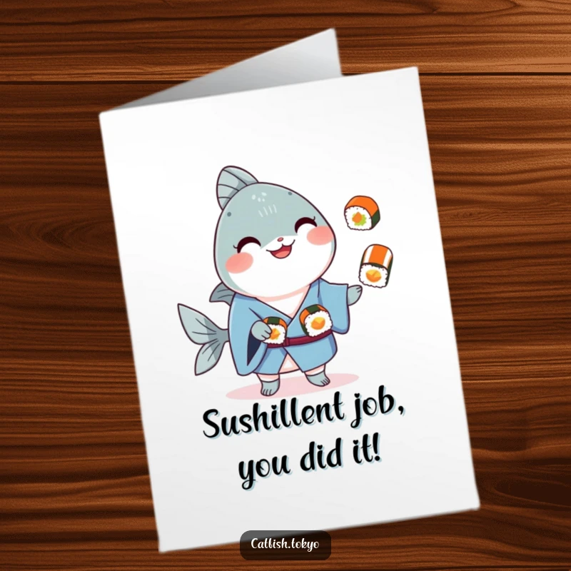 Funny Free Printable Congrats Card: Catfish in blue kimono juggling sushi, a humorous way to celebrate achievements, available to print at home.