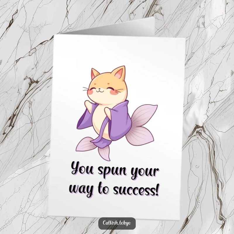 Funny Free Printable Congrats Card: Catfish in purple kimono spinning elegantly, a humorous and chic way to say congratulations.