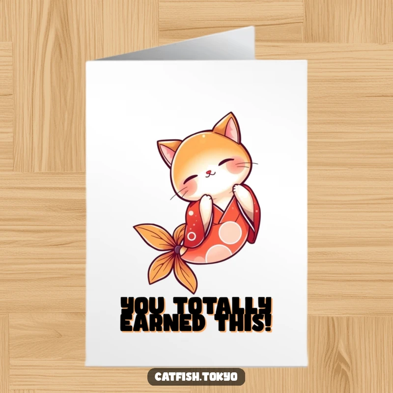 Funny Free Printable Congrats Card: Catfish in red kimono bowing, a humorous way to say well done, easy to print at home.
