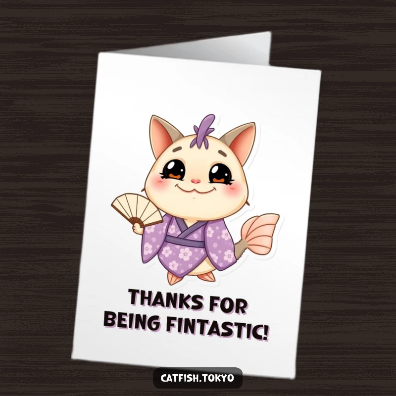 Funny Free Printable Thank You Card: Catfish in purple kimono with delicate fan, sharing a grateful grin.