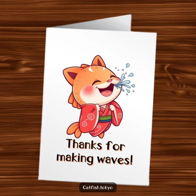 Funny Free Printable Thank You Card: Cheerful Catfish in red kimono playfully splashing water as a thank you.