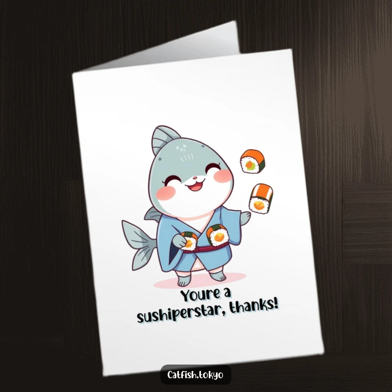 Funny Free Printable Thank You Card: Catfish in blue kimono juggling sushi, a humorous and delightful way to say thank you.