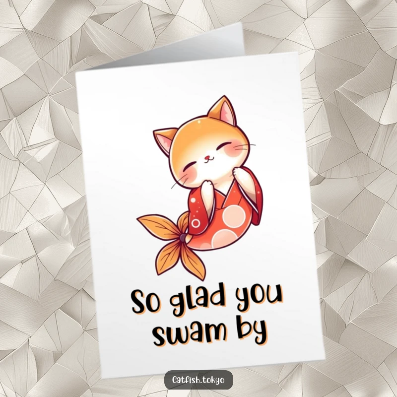 Funny Free Printable Thank You Card: Catfish in red kimono bowing gratefully, offering a humorous, printable expression of thanks.