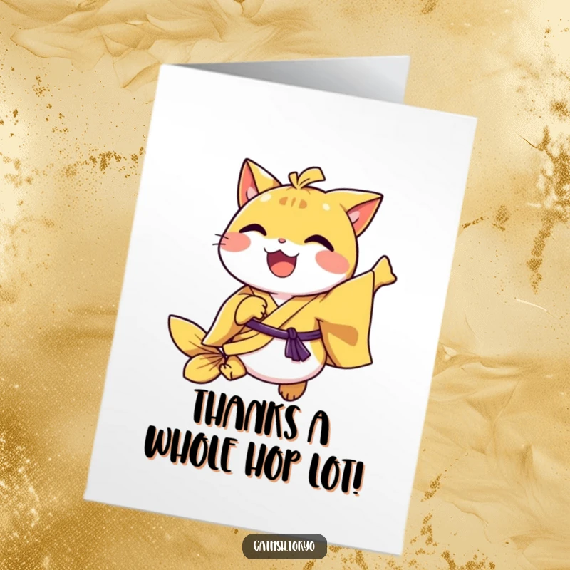 Funny Free Printable Thank You Card: Joyful catfish in yellow kimono mid-hop, a humorous and delightful way to express thanks.