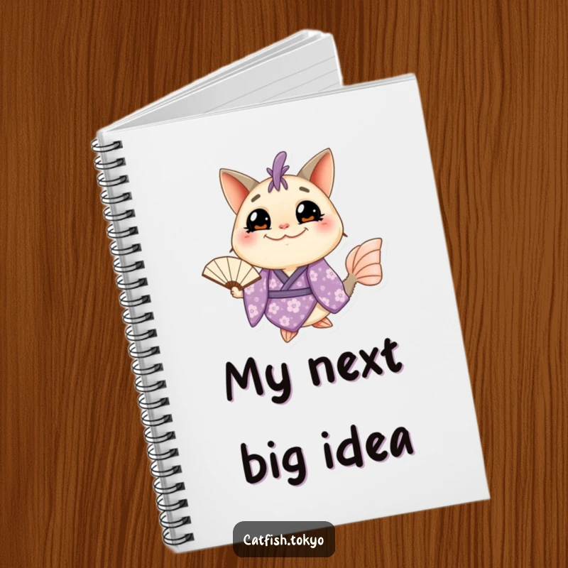 Funny Catfish Notebook: A grinning catfish in a purple floral kimono holds a fan, ready to record your thoughts with humor.