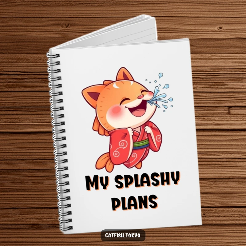 Funny Catfish Notebook: A cheerful catfish in a red kimono playfully splashes water, perfect for jotting down humorous thoughts.
