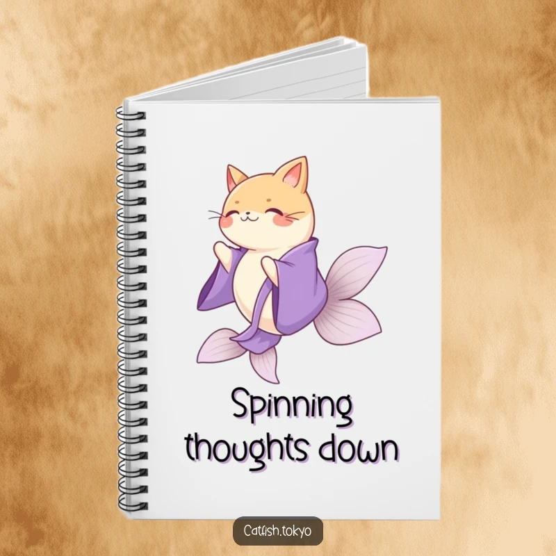 Funny Purple Kimono Catfish Notebook, gracefully spinning, perfect for jotting down elegant notes.