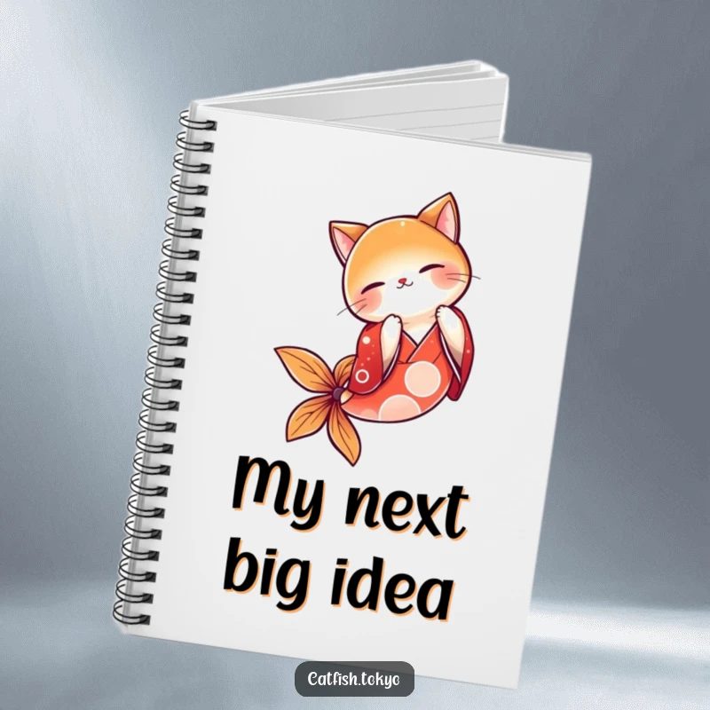 Funny Red Kimono Catfish Notebook, showing a graceful fish bowing, perfect for jotting down notes humorously.