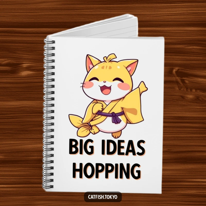 Funny Yellow Kimono Catfish Notebook, joyfully hopping, perfect for capturing exciting ideas and notes.