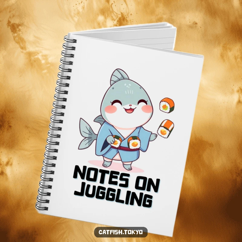 Funny Blue Kimono Catfish Notebook, smiling and juggling sushi, perfect for creative notes and ideas.