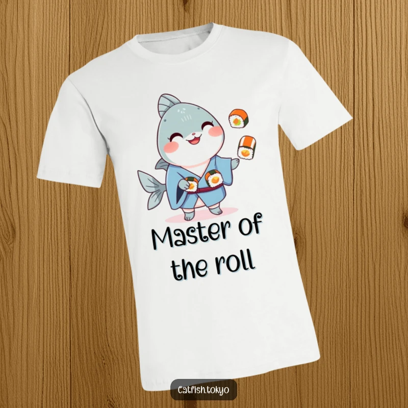 Funny Blue Kimono Catfish T-Shirt, smiling while juggling sushi, perfect for anime fans and sushi enthusiasts.