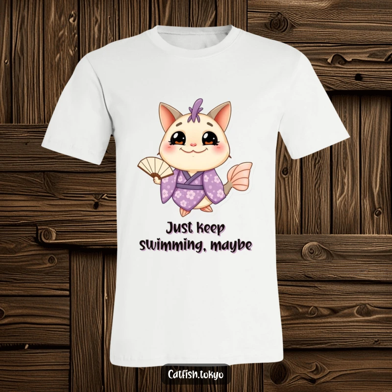 Funny Catfish T-Shirt: A grinning catfish wearing a purple floral kimono and holding a fan, showcasing a humorous and stylish design.