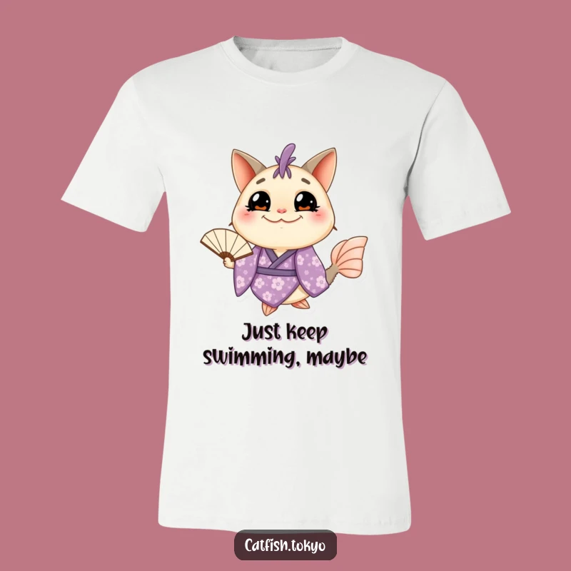 Funny Catfish Kimono T-Shirt: Grinning Fish in Purple Floral Attire, Hilarious Gift!