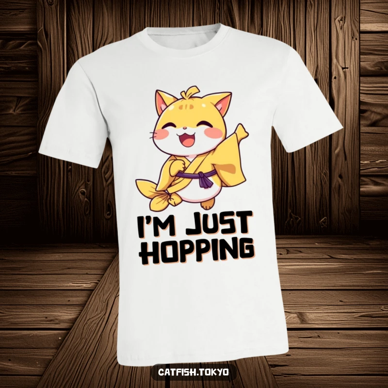 Funny Yellow Kimono Catfish T-Shirt, joyfully hopping mid-air with a vibrant look, great for anime fans.