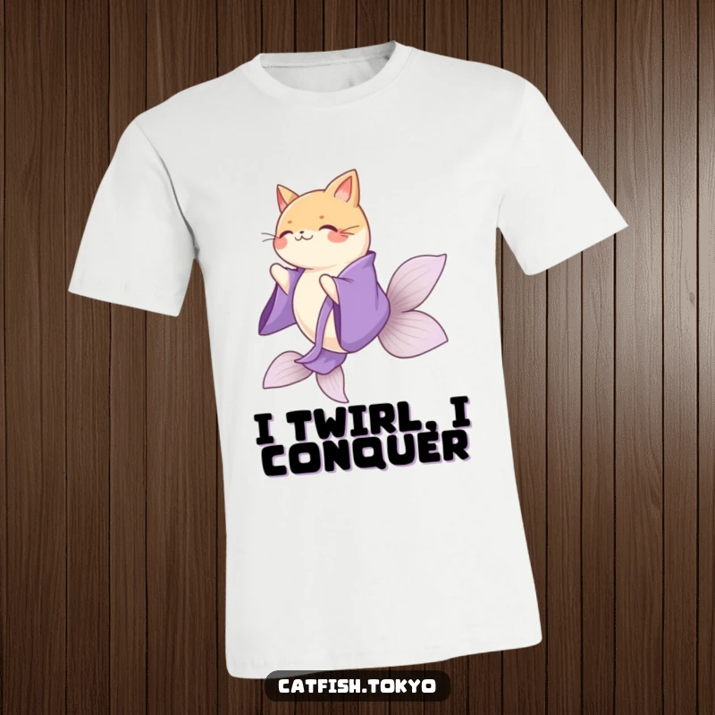 Funny Purple Kimono Catfish T-Shirt, spinning gracefully with flowing movements, perfect for anime fans.
