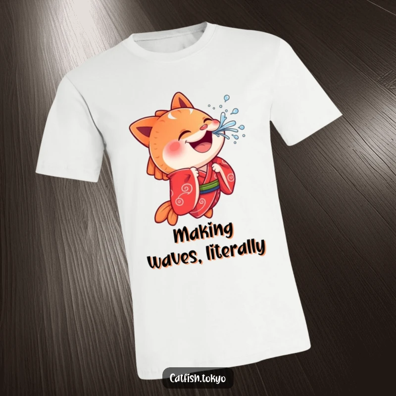 Funny Catfish T-Shirt: A cheerful catfish in a red kimono playfully splashes water from its mouth, designed for humor and fun.