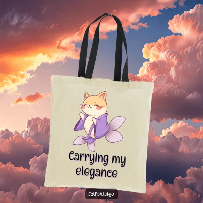 Funny Purple Kimono Catfish Tote Bag, gracefully spinning, perfect for adding elegant humor to your carry.