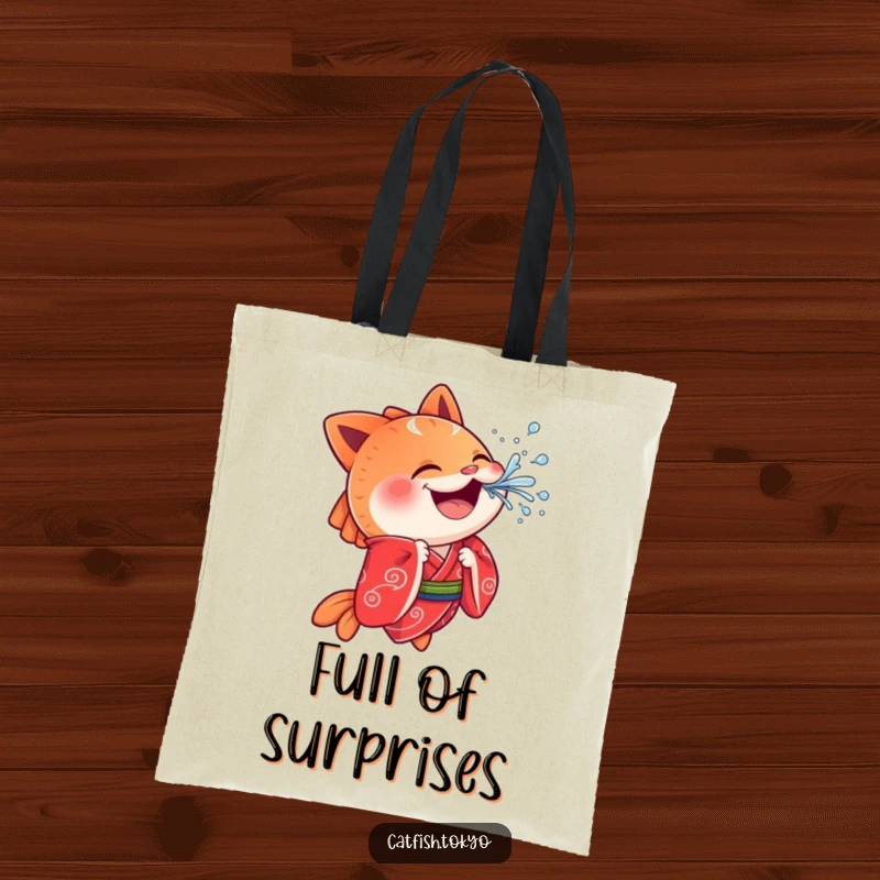 Funny Catfish Tote Bag: A cheerful catfish in a red kimono playfully splashes water, making errands fun and humorous.