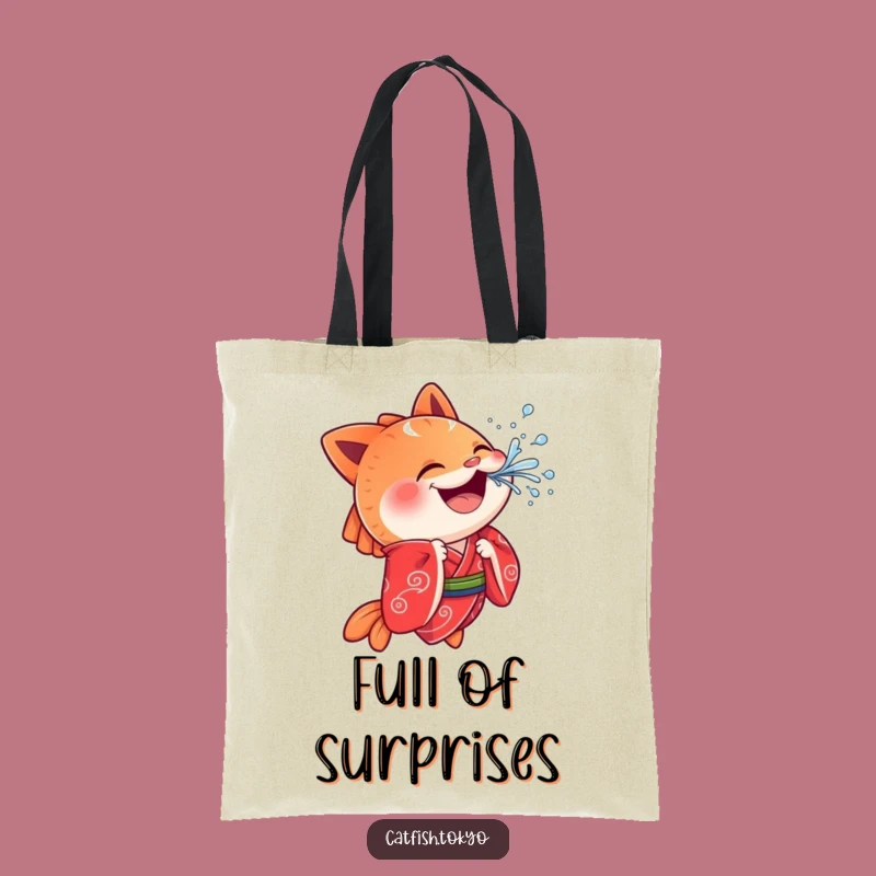 Funny Cheerful Catfish Tote Bag: Red Kimono Splash, Playful Carry-all, Hilarious!