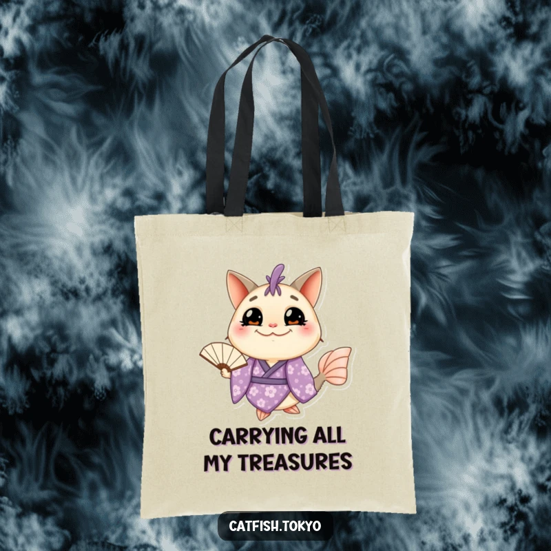 Funny Catfish Tote Bag: A grinning catfish in a purple floral kimono holds a fan, perfect for shopping and showcasing humor.