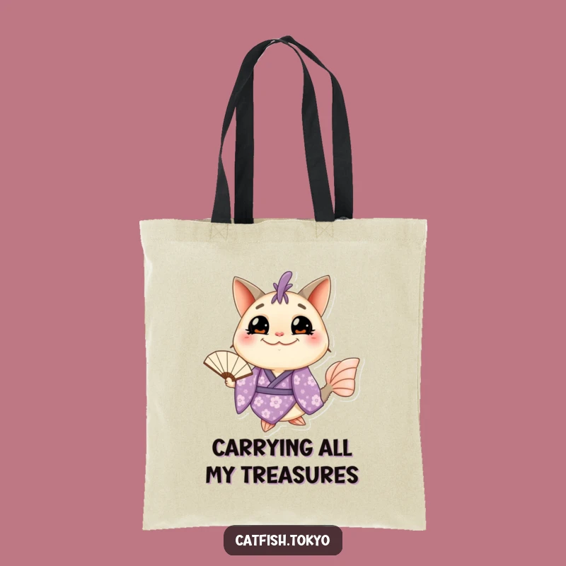 Funny Catfish Kimono Tote Bag: Grinning Fish in Purple Floral, Stylish and Hilarious!