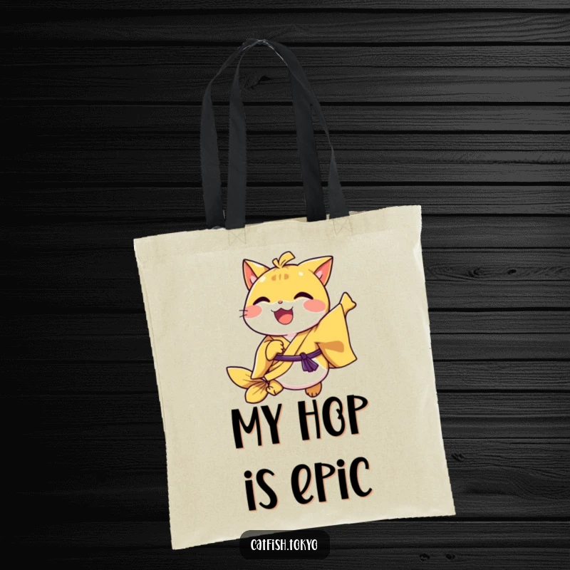 Funny Yellow Kimono Catfish Tote Bag, joyfully hopping, perfect for carrying essentials with a humorous touch.