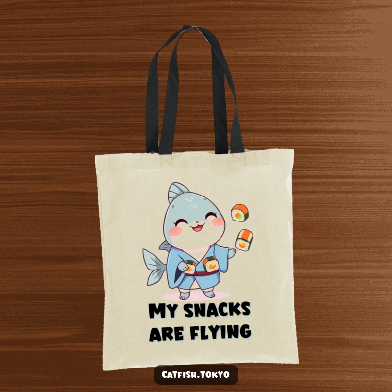 Funny Blue Kimono Catfish Tote Bag, smiling and juggling sushi, perfect for stylish and humorous shopping.